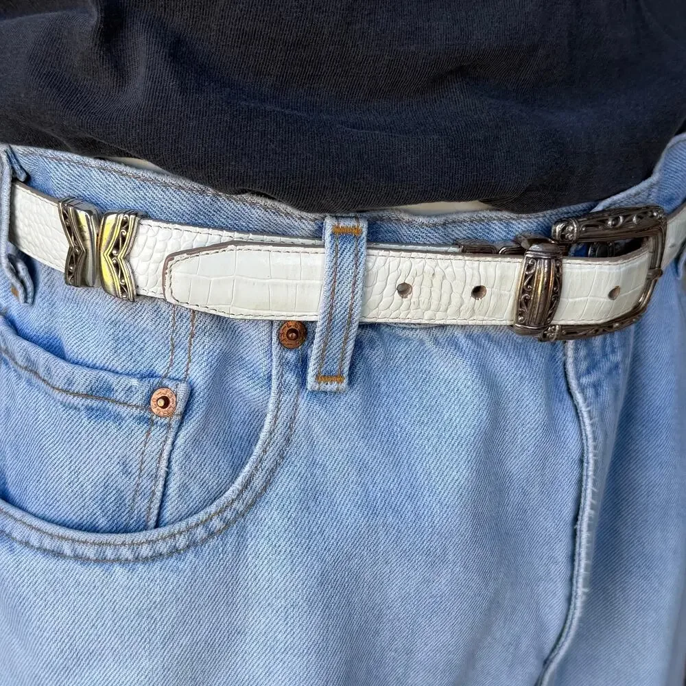 Vintage 90s Western Reversible Leather Belt Ornate Silver Buckle 36